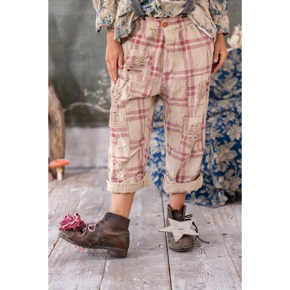 Magnolia Pearl Plaid Distressed Patched Pants Pink Tan Bohemian Lagenlook NWT